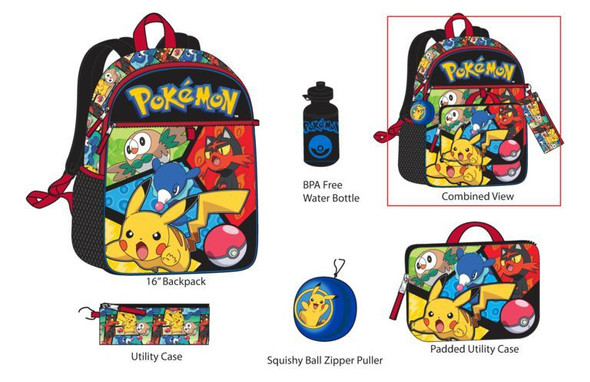 Bioworld Licensed Nintendo Pokemon Pikachu 5 Piece Backpack Mega Set Schoolbag