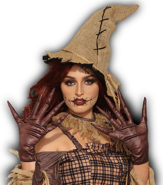 Brown Scary Scarecrow Gloves Long Fingers Women Adult Costume Accessory