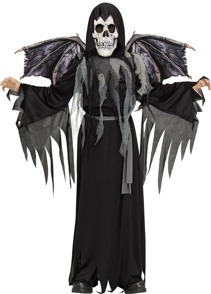 Winged Reaper Halloween Costume Black Hooded Robe Mask & Wings Child Medium 8-10