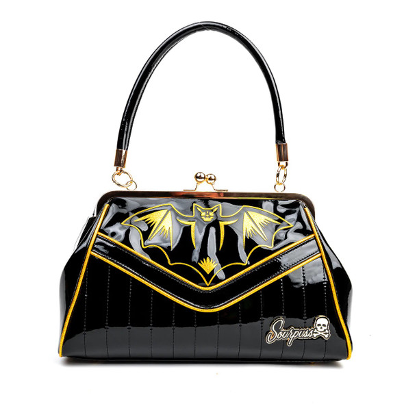 Sourpuss Kiss Lock Floozy Purse Metallic Black with Gold Bow