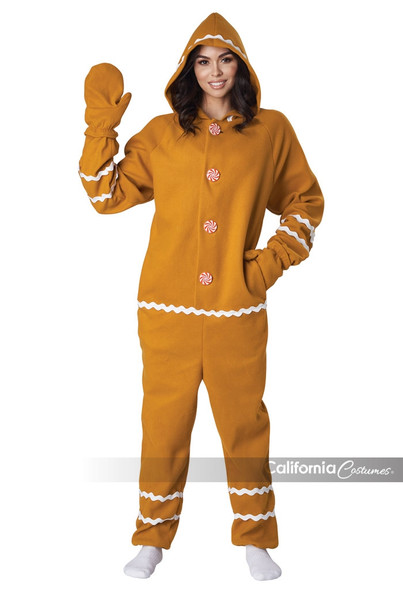 Gingerbread Fleece One Piece Hooded Christmas Jumpsuit Adult X-SMALL