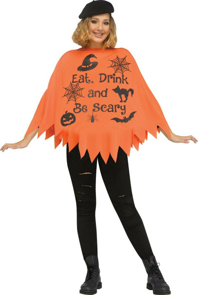 Adult Party Orange Halloween Poncho Eat Drink and Be Scary Women's Adult Costume