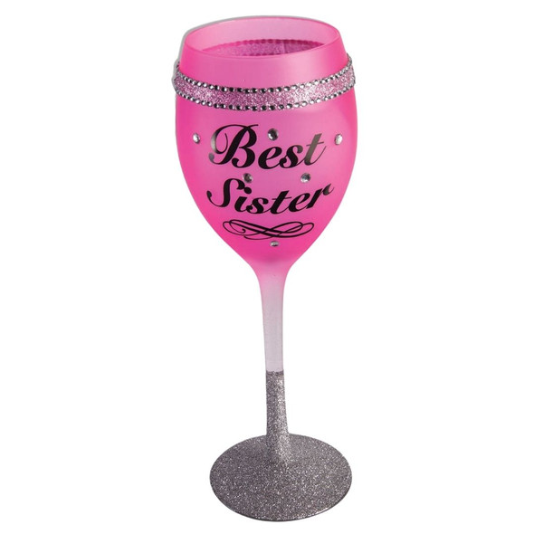 Best Sister Pink Wine Glass With Silver Glitter & Gems Birthday Gift Idea