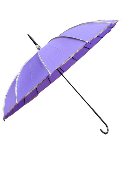 Large Parasol Umbrella Lavender Purple with Black Polka Dot Trim