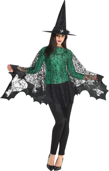 Spiderweb Wings Black Lace Witch Bat Wings Halloween Poncho Adult Women's Costume