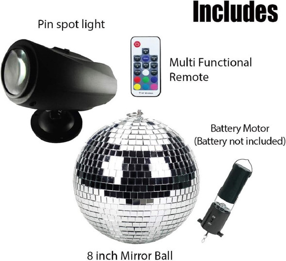 MIRROR BALL PARTY KIT 8" Battery Operated Motor Remote w/6 Colors & White Party
