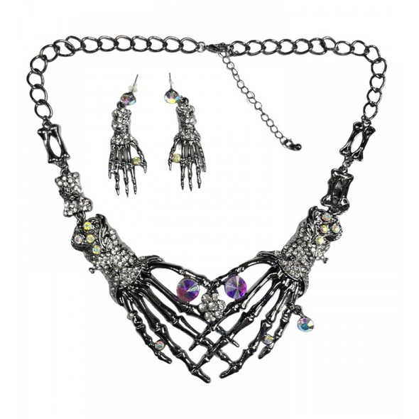 Skeleton Hands Necklace & Earrings Set with Clear Gems Gothic Jewelry