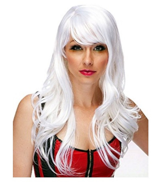 High Quality Burlesque Platinum White Long Wavy Lolita Costume Wig with Bangs