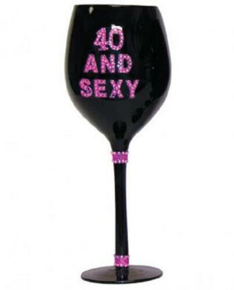 40 and Sexy Black Wine Glass Goblet Pink Gems 40th Happy Birthday Bedazzle Gift