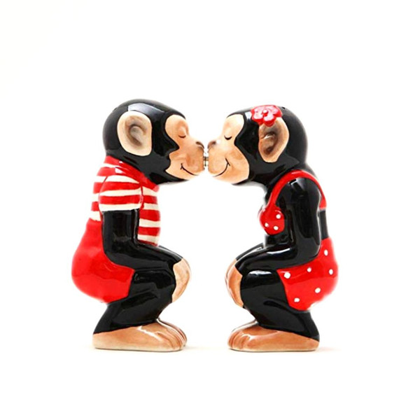 Cute Kissing Chimps Salt and Pepper Shakers Magnetic Ceramic Set Monkey Business