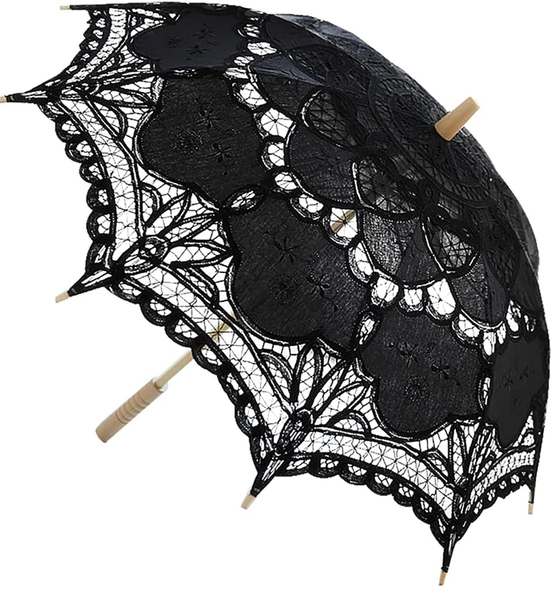 Elegant Black Battenburg Lace Cotton Wedding Parasol Umbrella