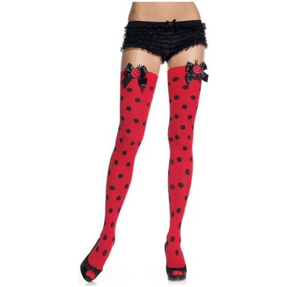 Polk Dots Opaque Thigh High With Lady Bug Patch Satin Bow Top Red Black One Size