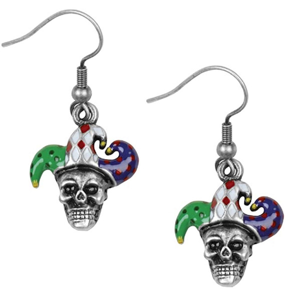 Pacific Giftware Skull Jester Pewter Dangling Earrings Joker Mardi Gras Skelly