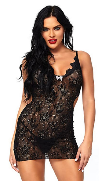 Leg Avenue Black Boudoir Rose Lace Mini Dress With Polka Dot Bow Cut Out Back OS