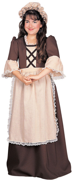 Colonial Girl's Costume Brown Dress Child Thanksgiving Pilgrim Pioneer SM-LG