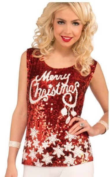 Hot Racy Red Merry Christmas Sequin Costume Fancy Short Top Disco Adult Women