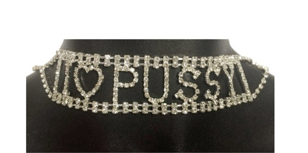 Sexy Rhinestone I Love Pussy Choker Necklace Costume Accessory Jewelry Kinky