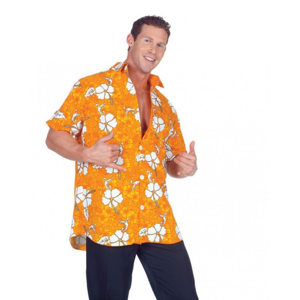 Orange Hawaiian Adult Mens Luau Party Shirt Floral Short Sleeves Costume STD-XXL