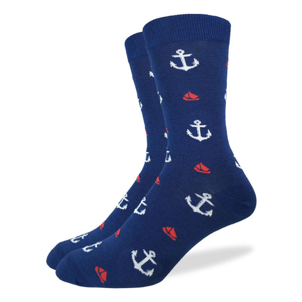 Good Luck Sock Navy Anchors Sailboats Crew Socks Adult Size 7-12 Nautical Sailor