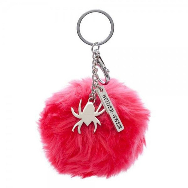 Marvel Spider Gwen Metal Keychain Keyring Bag Charm Clip Pink Faux Fur Pom Pom