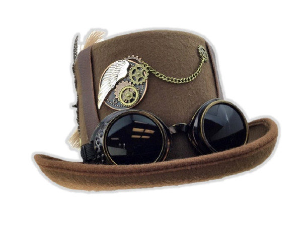Deluxe Brown Steampunk Top Hat Victorian Adult Feathers & Goggles Costume Acces.