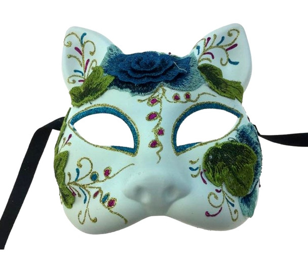 DOD Cat Costume Half Mask Animal Blue Embroidered Flowers Adult Masquerade