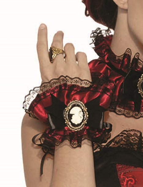 Vampiress Victorian Ruffled Wrist Cuffs Lace Burgundy Satin Cameo Costume Access
