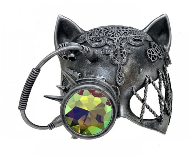 Steampunk Gatto Cat Kitty Masquerade Half Mask Cyborg Fantasy Goggles Silver