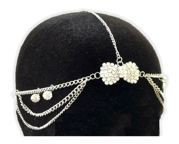 Head Chain Silver Tone Rhinestone Hair Bow Accessory Jewelry Boho Trendy Bridal