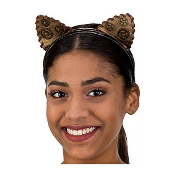 Brown & Gold Steampunk Cat Ears Headband Victorian Adult Gears Costume Accessory