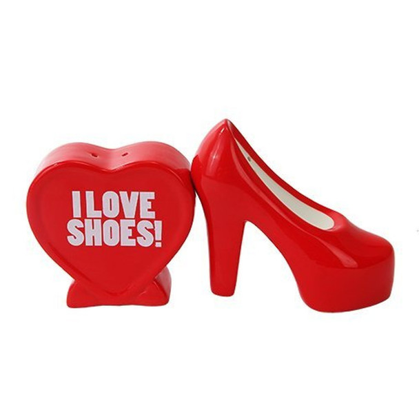I Love Shoes Salt and Pepper Shakers Magnetic Ceramic Set Big Red Heart