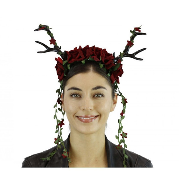 Black Deer Antlers Headband w Red Flowers Mystical Creature Animal  Horns Adult