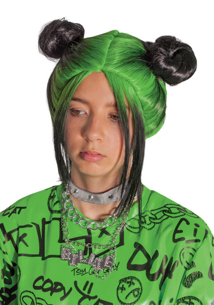 Billie Eilish Green Child Wig Girls Double Bun Halloween Costume Accessory