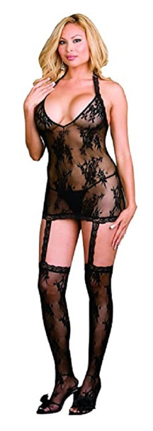 Dreamgirl Black Floral Stretch Lace Halter Dress Thigh Highs Lingerie Queen Size