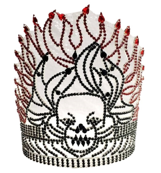 8" Black Rhinestone Skull Tiara Crown Red Fire Flame Halloween Costume Accessory