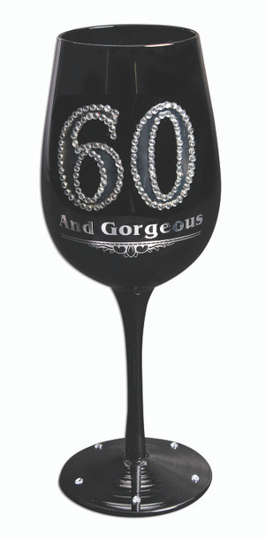 60 and Gorgeous Black Wine Glass Goblet Silver Gems Happy Birthday Gift