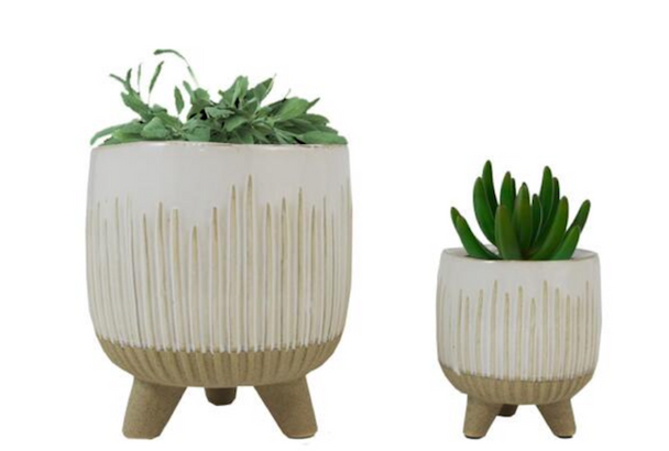 2 PCS Nesting White And Brown Ceramic Pot Lined Pattern Floral Planter Pot Set