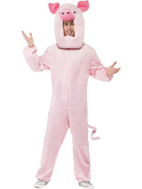 Smiffys Funny Adult Pig Costume Pink Unisex Halloween Bodysuit & Hood One Size