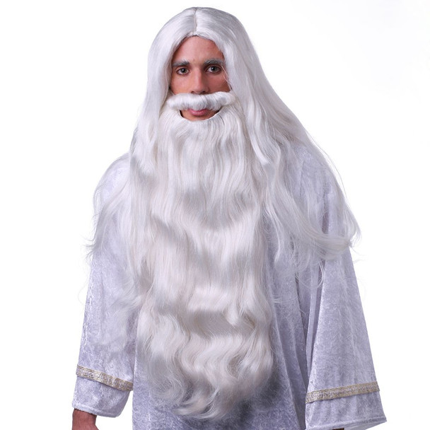 High Quality White Wizard Wig & Beard Costume Set Gandalf Merlin Magician Adult