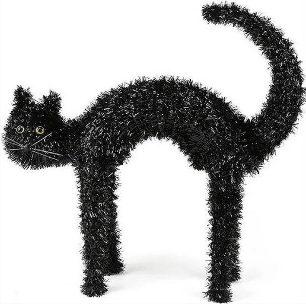 Black Tinsel Cat 17" Scaredy Cat Arched Back Standing 3D Halloween Decoration