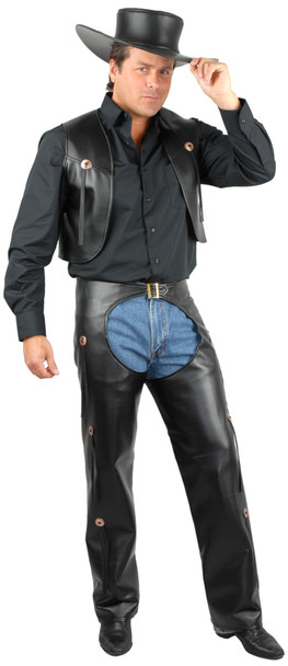 Black Western Chaps & Vest Faux Leather Cowboy Concho Costume Adult Men SM 36-38