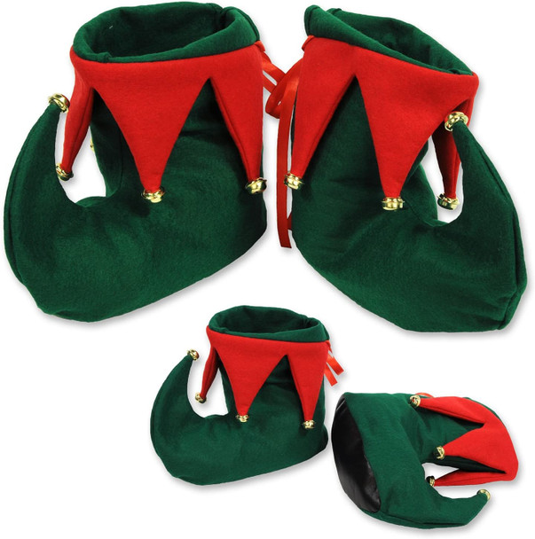 Elf Boots Shoes Red & Green With Bells Felt Indoor Adult Costume Accessory
