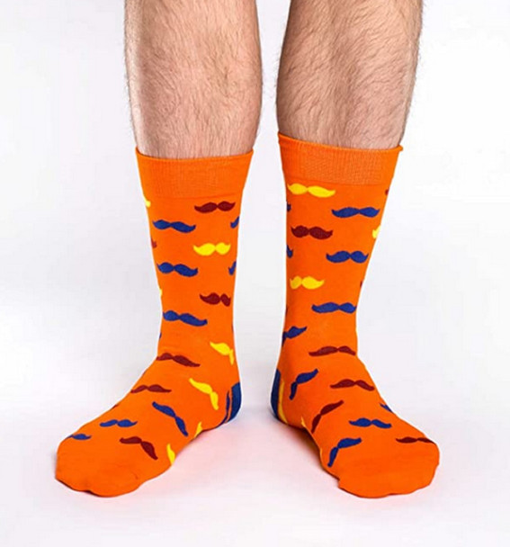 Good Luck Sock Orange Mustache Crew Socks Adult Shoe Size 7-12 Movember Stache