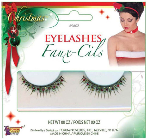 Christmas Eyelashes Stick On Lashes Green Red Gems Women's Costume Accessory