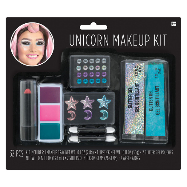 Unicorn All In One Makeup Kit Gems Glitter Gel Lipstick Sponges 32pcs