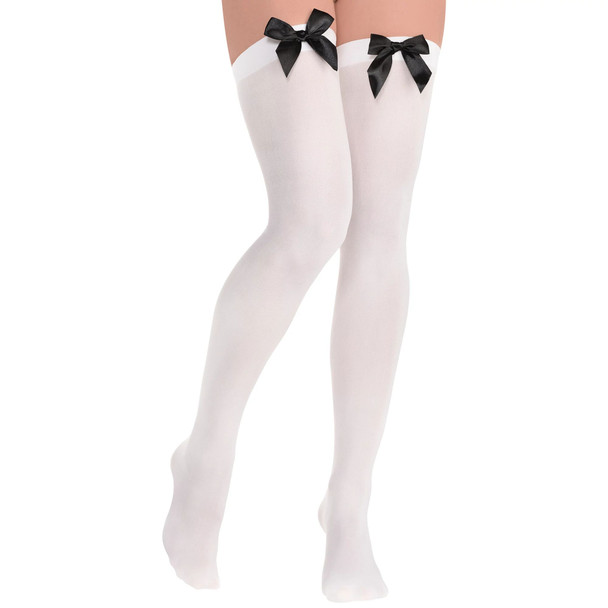 White Thigh Highs with Black Satin Bow Adult Women's Costume Accessory One Size