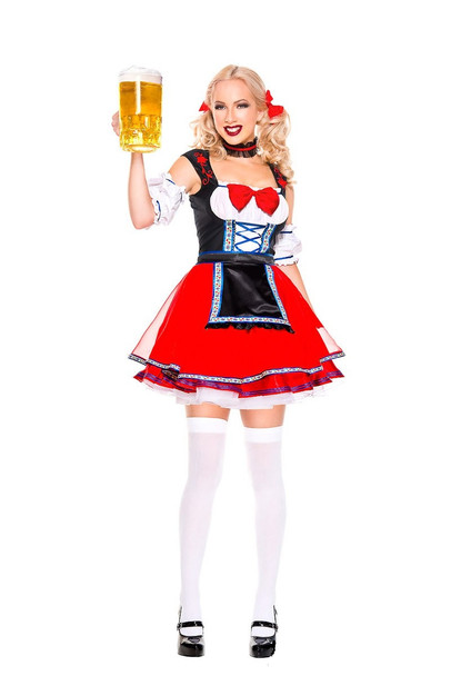 Music Legs Oktoberfest Beer Babe Costume Womens Red Maiden Fancy Dress XL 14-16