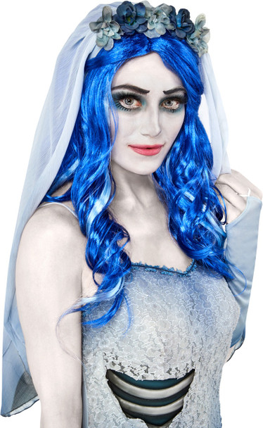 Tim Burton's Corpse Bride Emily Wig Long Blue Hair Adult Costume Accessory