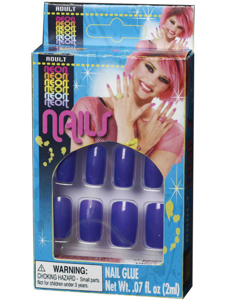 Neon Purple 80's Retro Stick-On Finger Nails Club Candy Women's Accessory