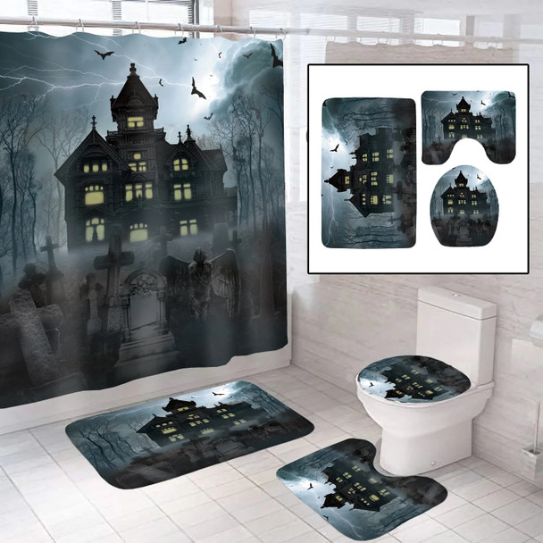 Halloween 4-Piece Bathroom Set Haunted House Shower Curtain Rugs & Toilet Cover